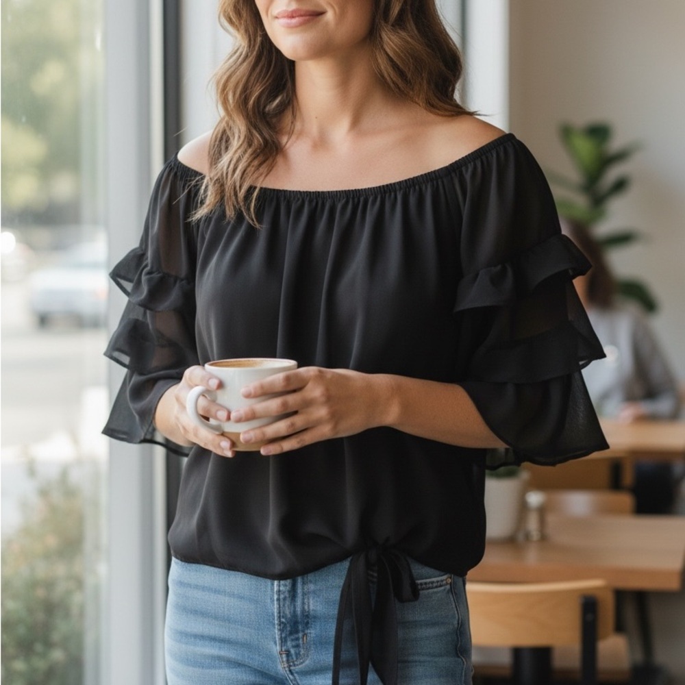 CeCe Black Ruffle Sleeve Blouse - Picture 2 of 6
